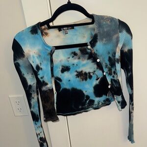Blue Blush Blue and Black Tie-Dye Ribbed Snap Crop Top Set